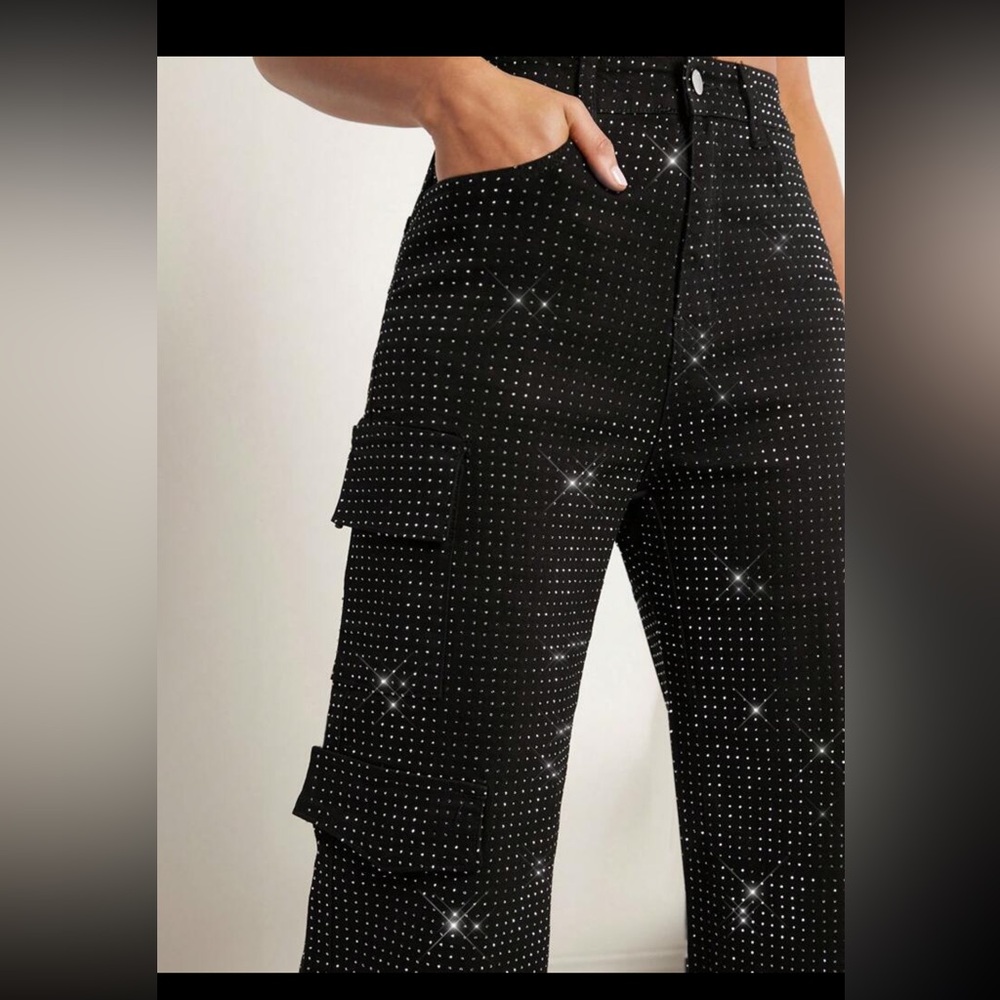 SHEIN Mid Waist Black Rhinestone Straight Leg Casual Cargo Jeans - Picture 6 of 7
